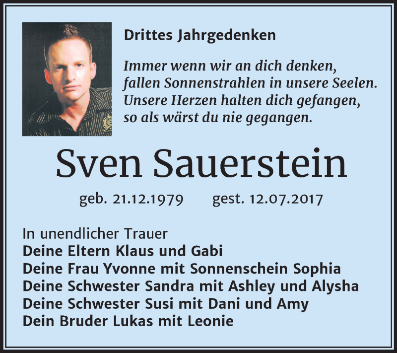  Traueranzeige für Sven Sauerstein vom 11.07.2020 aus Super Sonntag Weißenfels
