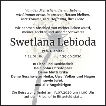 Traueranzeige von Swetlana Lebioda von Mitteldeutsche Zeitung Bitterfeld