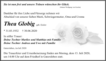 Traueranzeige von Thea Globig von Mitteldeutsche Zeitung Aschersleben