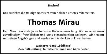 Traueranzeige von Thomas Mirau von Mitteldeutsche Zeitung Sangerhausen