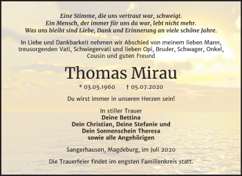 Traueranzeige von Thomas Mirau von Mitteldeutsche Zeitung Sangerhausen