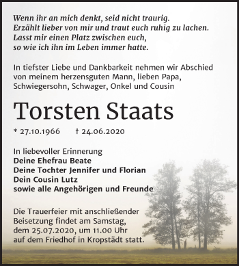Traueranzeige von Torsten Staats von Mitteldeutsche Zeitung Wittenberg