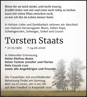 Traueranzeige von Torsten Staats von Super Sonntag Wittenberg