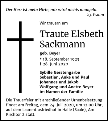 Traueranzeige von Traute Elsbeth Sackmann von Mitteldeutsche Zeitung Halle/Saalkreis