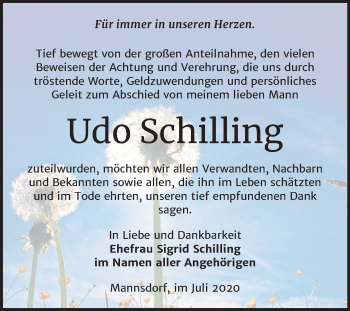 Traueranzeige von Udo Schilling von Super Sonntag Zeitz