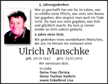 Traueranzeige von Ulrich Manschke von Super Sonntag Köthen
