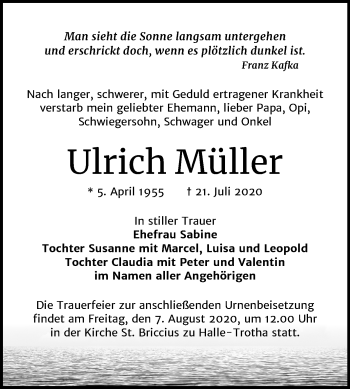 Traueranzeige von Ulrich Müller von Mitteldeutsche Zeitung Halle/Saalkreis