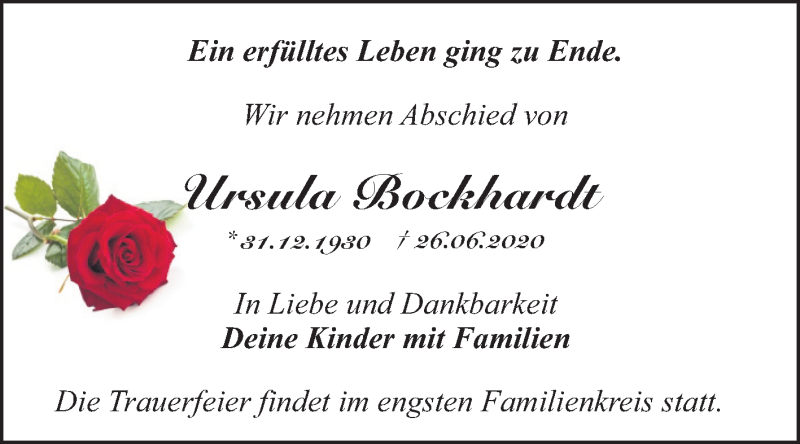  Traueranzeige für Ursula Bockhardt vom 04.07.2020 aus Mitteldeutsche Zeitung Dessau-Roßlau