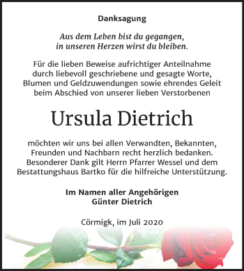 Traueranzeige von Ursula Dietrich von Super Sonntag Bernburg