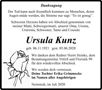 Traueranzeige von Ursula Kunz von Super Sonntag Quedlinburg