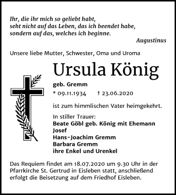 Traueranzeige von Ursula König von Super Sonntag Mansfelder Land / Sangerhausen