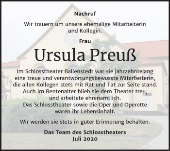 Traueranzeige von Ursula Preuß von Super Sonntag Quedlinburg