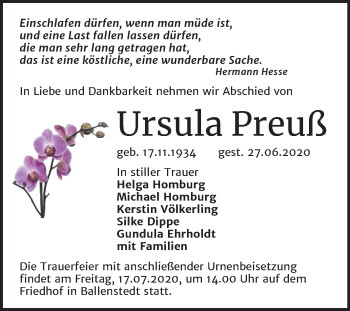 Traueranzeige von Ursula Preuß von Mitteldeutsche Zeitung Quedlinburg