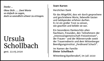 Traueranzeige von Ursula Schollbach von Super Sonntag Wittenberg