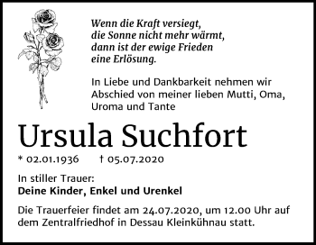 Traueranzeige von Ursula Suchfort von Super Sonntag Dessau-Roßlau