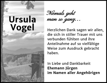 Traueranzeige von Ursula Vogel von Super Sonntag Zeitz