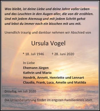 Traueranzeige von Ursula Vogel von Super Sonntag Zeitz