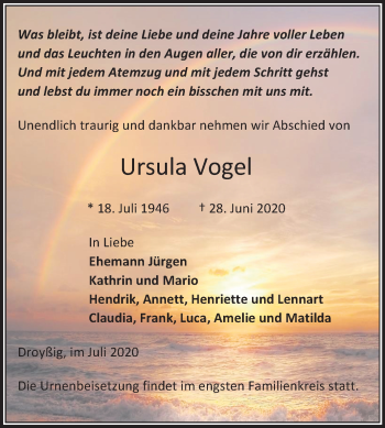 Traueranzeige von Ursula Vogel von Mitteldeutsche Zeitung Zeitz