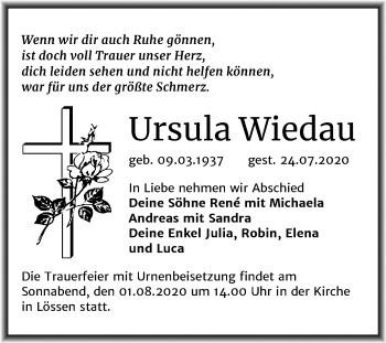 Traueranzeige von Ursula Wiedau von Mitteldeutsche Zeitung Merseburg/Querfurt