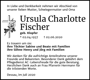 Traueranzeige von Ursula Charlotte Fischer von Mitteldeutsche Zeitung Dessau-Roßlau