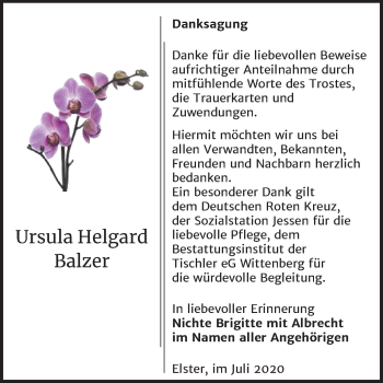Traueranzeige von Ursula Helgard Balzer von Mitteldeutsche Zeitung Wittenberg