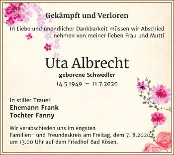 Traueranzeige von Uta Albrecht von Mitteldeutsche Zeitung Naumburg/Nebra