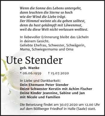 Traueranzeige von Ute Stender von Mitteldeutsche Zeitung Halle/Saalkreis