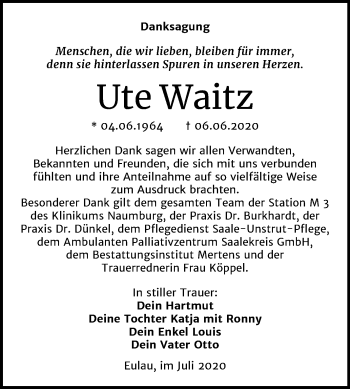 Traueranzeige von Ute Waitz von Wochenspiegel Naumburg/Nebra