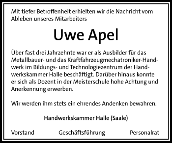 Traueranzeige von Uwe Apel von Mitteldeutsche Zeitung Halle/Saalkreis