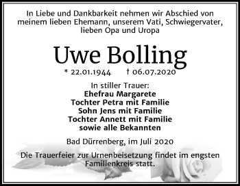 Traueranzeige von Uwe Bolling von Super Sonntag Merseburg/Querfurt