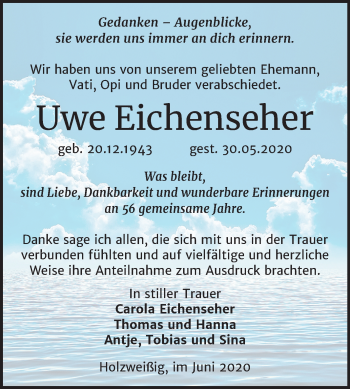 Traueranzeige von Uwe Eichenseher von Wochenspiegel Bitterfeld