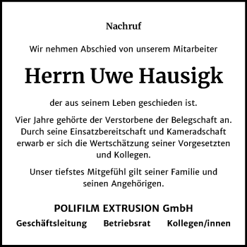 Traueranzeige von Uwe Hausigk von Mitteldeutsche Zeitung Köthen