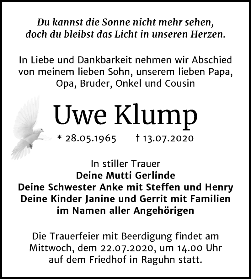  Traueranzeige für Uwe Klump vom 18.07.2020 aus Mitteldeutsche Zeitung Bitterfeld