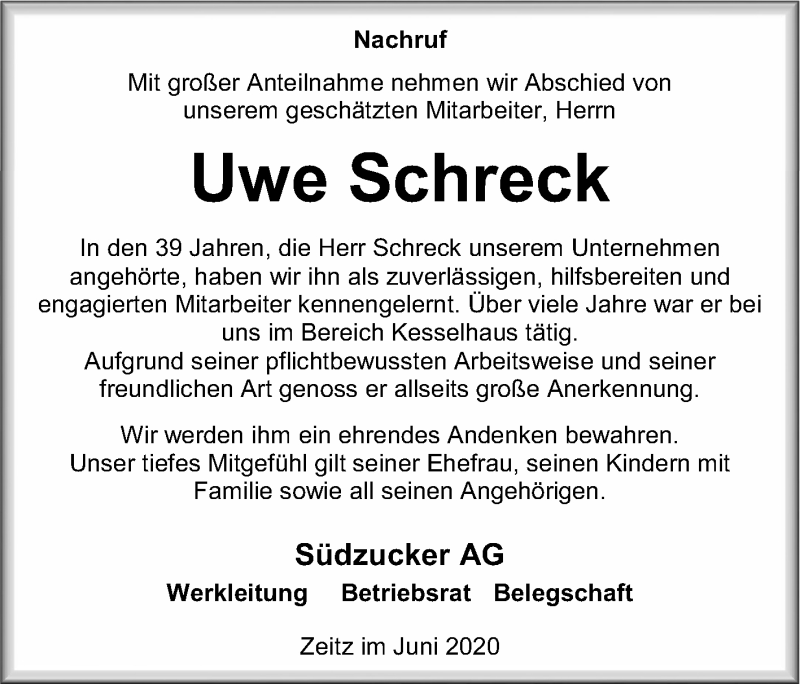  Traueranzeige für Uwe Schreck vom 03.07.2020 aus Mitteldeutsche Zeitung Zeitz