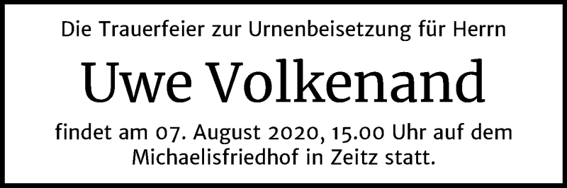  Traueranzeige für Uwe Volkenand vom 18.07.2020 aus Super Sonntag Zeitz