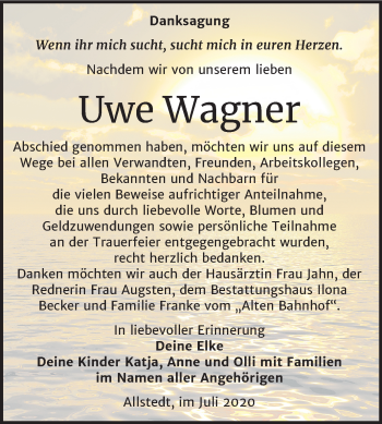 Traueranzeige von Uwe Wagner von Mitteldeutsche Zeitung Sangerhausen