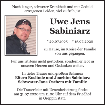 Traueranzeige von Uwe Jens Sabiniarz von Mitteldeutsche Zeitung Bitterfeld