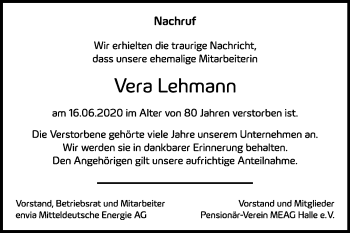 Traueranzeige von Vera Lehmann von Mitteldeutsche Zeitung Halle/Saalkreis