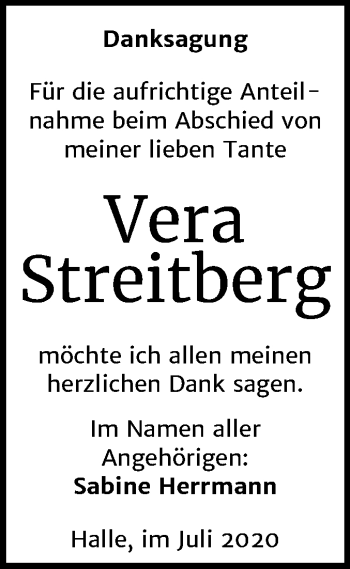 Traueranzeige von Vera Streitberg von Mitteldeutsche Zeitung Halle/Saalkreis