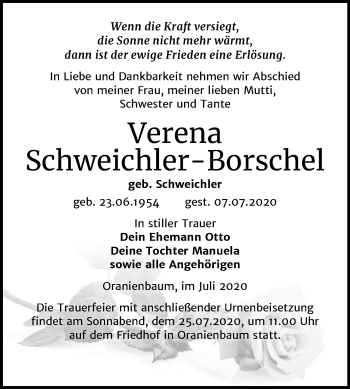 Traueranzeige von Verena Schweichler-Borschel von Mitteldeutsche Zeitung Wittenberg
