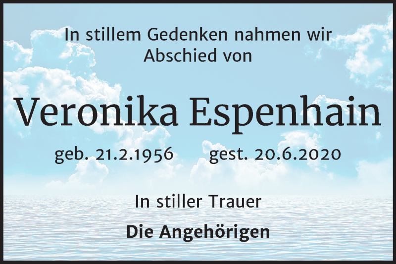  Traueranzeige für Veronika Espenhain vom 08.07.2020 aus Wochenspiegel Weißenfels