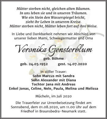 Traueranzeige von Veronika Gensterblum von Mitteldeutsche Zeitung Merseburg/Querfurt
