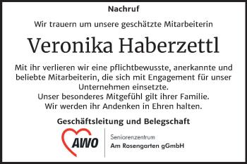 Traueranzeige von Veronika Haberzettl von Super Sonntag Naumburg/Nebra