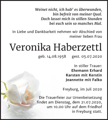 Traueranzeige von Veronika Haberzettl von Mitteldeutsche Zeitung Naumburg/Nebra