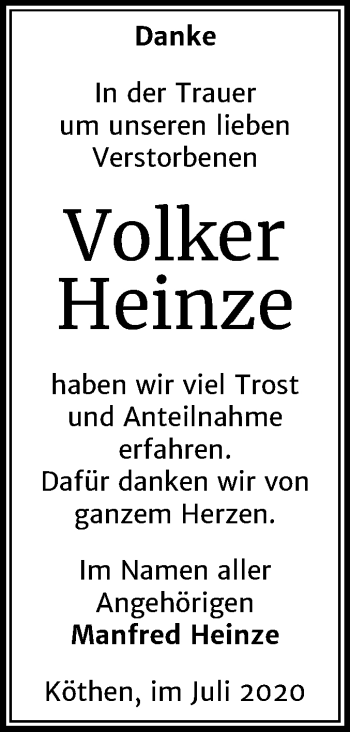 Traueranzeige von Volker Heinze von Mitteldeutsche Zeitung Köthen