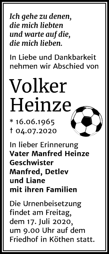 Traueranzeige von Volker Heinze von Mitteldeutsche Zeitung Köthen