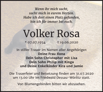 Traueranzeige von Volker Rosa von Super Sonntag Dessau-Roßlau