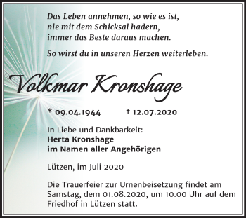 Traueranzeige von Volkmar Kronshage von Wochenspiegel Weißenfels