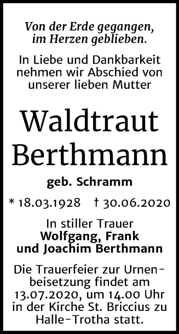 Traueranzeige von Waldtraut Berthmann von Mitteldeutsche Zeitung Halle/Saalkreis