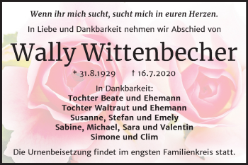 Traueranzeige von Wally Wittenbecher von Wochenspiegel Weißenfels